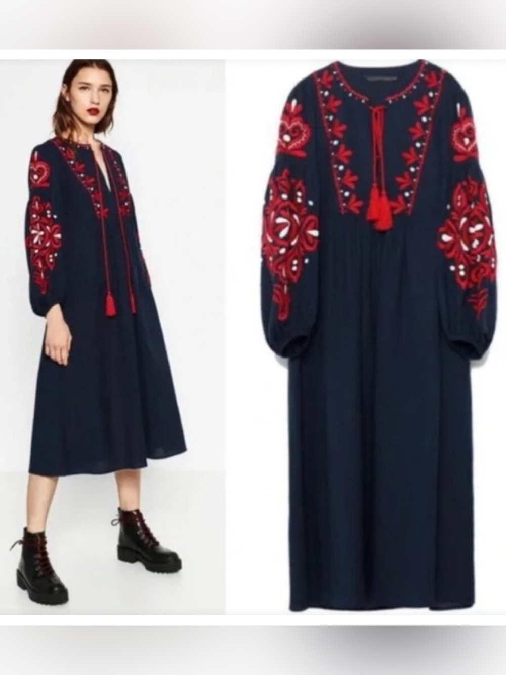 ZARA Navy Blue Red Balloon Sleeve Cotton Linen Embroidered Midi Kaftan Dress